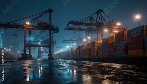 Cargo port at night with massive cranes loading containers onto ships. Many stacked boxes await transport on wet docks under bright industrial lights.