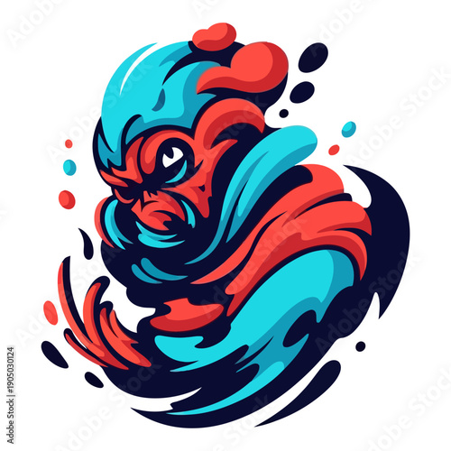Swirling Abstract Character in Red and Blue, Dynamic Motion Art