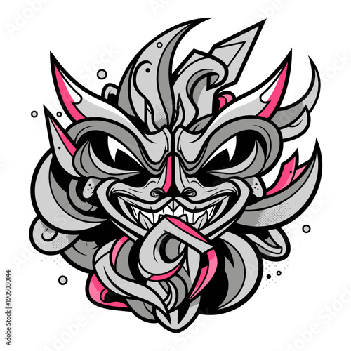 Intense Masked Face Illustration, Grayscale and Pink Accents