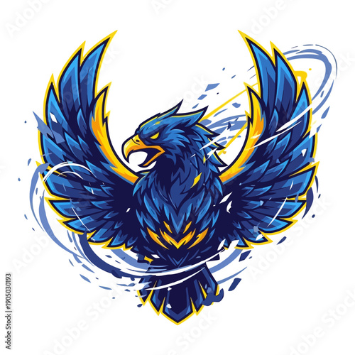 Majestic Blue Eagle with Yellow Accents, Dynamic Wings Spread