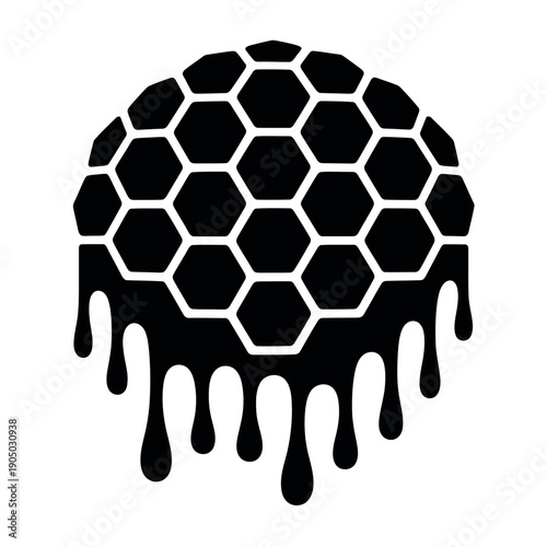Black silhouette of a dripping honeycomb shape symbolizes natural sweetness and dripping honey.