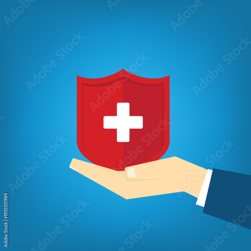 Hand holding shield with cross for the healthcare medical icon. Health insurance health concept. Access to welfare health and copy space