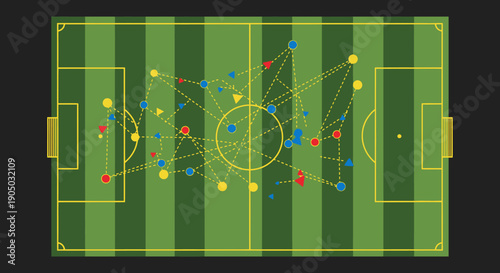 Dynamic Soccer Passing Strategy Diagram with Multiple Player Movements and Ball Paths on a Green Pitch in Bright Studio