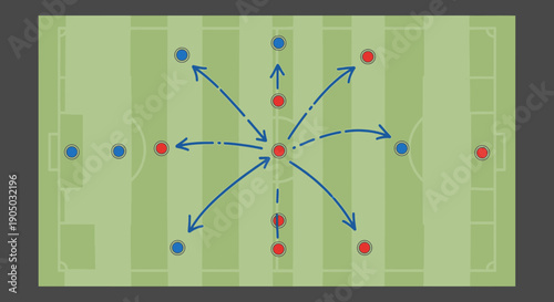 Dynamic Football Soccer Strategy Diagram Illustrating Central Player Movement and Passing on Green Field