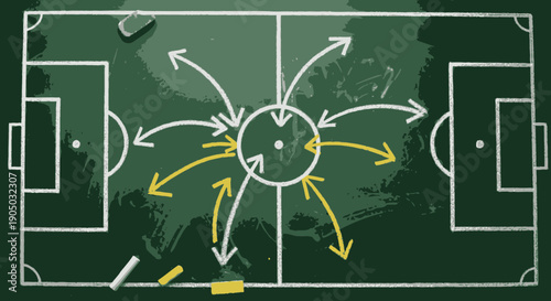 A chalkboard with a soccer field diagrammed with strategic arrows and chalk pieces, illustrating game tactics and player movement.