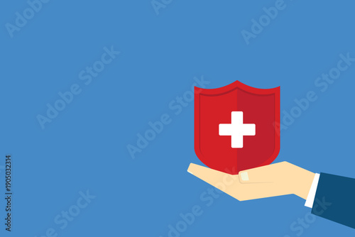 Hand holding shield with cross for the healthcare medical icon. Health insurance health concept. Access to welfare health and copy space