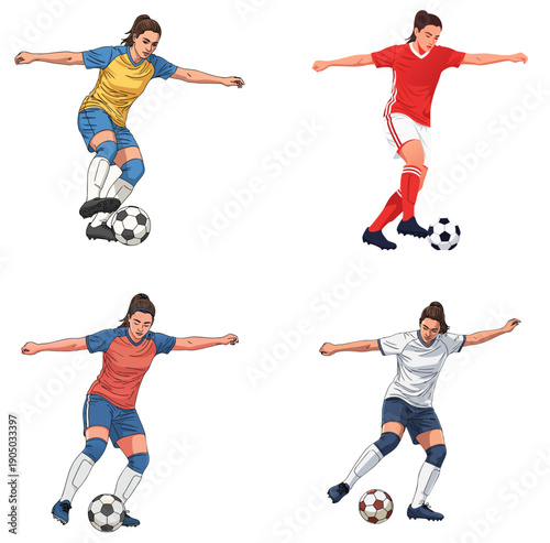 Female soccer player in athletic uniform with ball, Perfect for sports blogs, coaching manuals, athletic apparel branding, and tournament posters