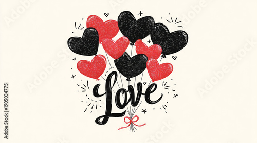 Illustration of a romantic heart balloon with hand-lettered "Love" text, ribbon bow, and ornamental sparkles. A lovely bouquet-style arrangement of several heart balloons, available in red and black. 