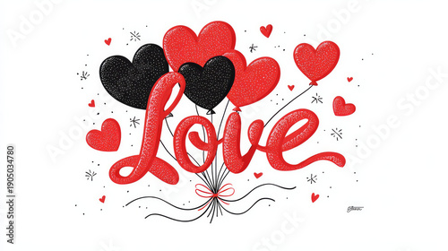 Illustration of a romantic heart balloon with hand-lettered "Love" text, ribbon bow, and ornamental sparkles. A lovely bouquet-style arrangement of several heart balloons, available in red and black. 