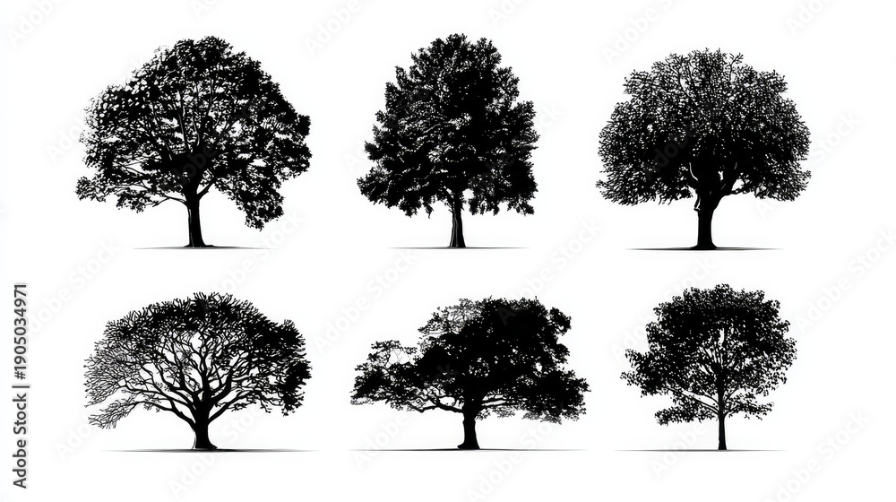 Fototapeta premium Set of Black Tree Silhouettes Vector Illustration Isolated on White Background