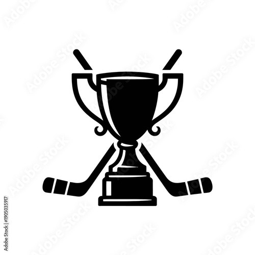 A minimalistic black silhouette of a trophy crossed with two hockey sticks