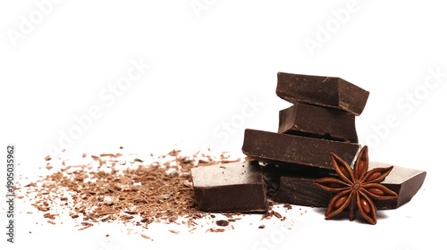 Chopped, milled chocolate pile with shavings with star anise, isolated on white background, side view