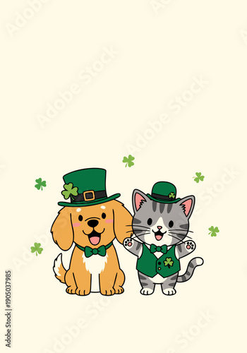 Cute dog and cat in St Patrick's Day costume vector illustration
