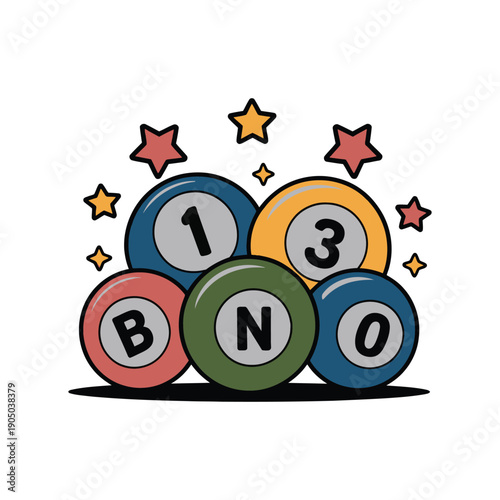 Bingo balls representing the game are arranged with celebratory stars above them.