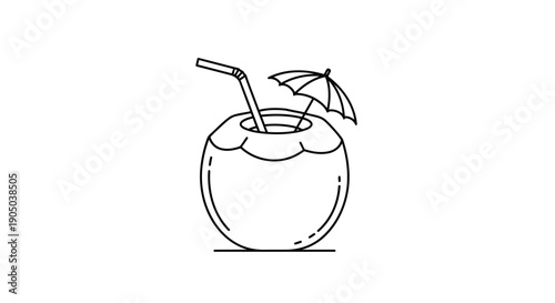 Minimalist coconut drink line art straw umbrella holiday tropical icon vector