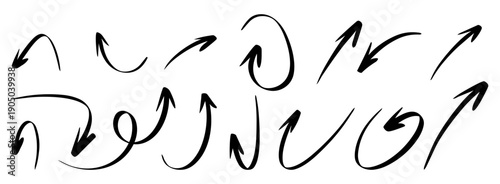 Hand drawn black marker arrow set. Doodle brush stroke arrows collection isolated on white background.