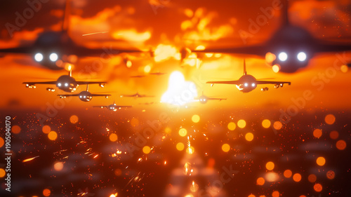 Futuristic Fleet of Fighter Jets and Drones Executes Missile Strike Against a Rugged Target Under a Fiery Sky