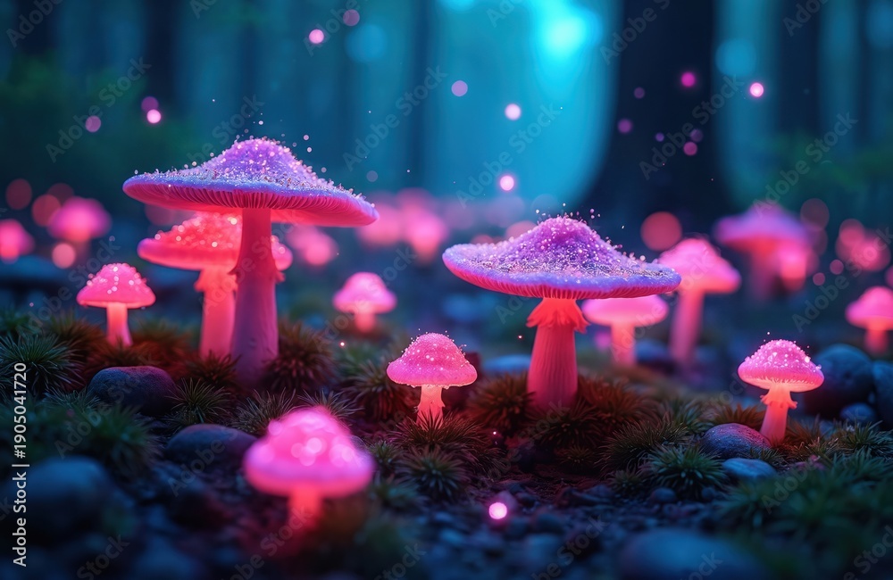 Naklejka premium Enchanting pink neon mushrooms grow in dark forest at night. Magical glowing fungi emit soft light, creating a mystical atmosphere with sparkles. Fantasy nature scene with otherworldly plants.