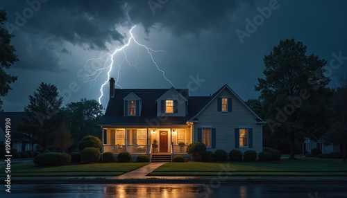 Powerful lightning strikes over suburban home at night during heavy rainstorm. Dramatic sky with dark clouds. Wet street reflects house lights.