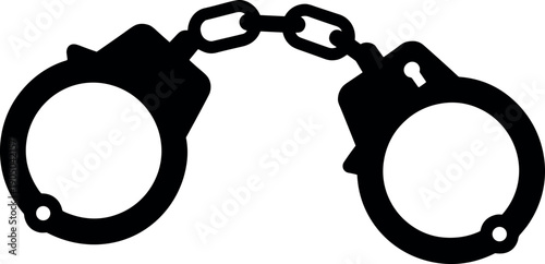 Black Handcuffs Silhouette with Metal Chain Link and Keyhole Isolated on White Background Vector