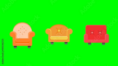 A video set containing three illustrations featuring various armchairs against a plain green background.