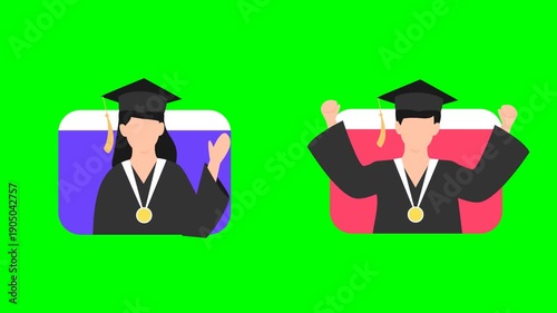 Graduation animation video with green screen background.