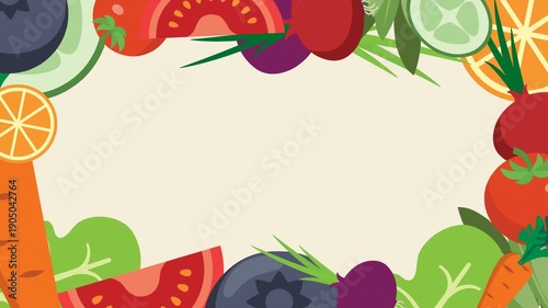 A vibrant video illustration featuring a border composed of fresh fruits and vegetables in a flat design style.