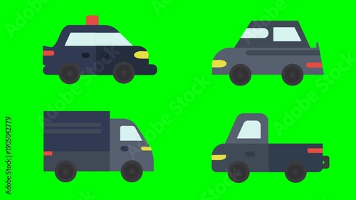 A set of four simple moving cars on public transportation on a bright green background.
