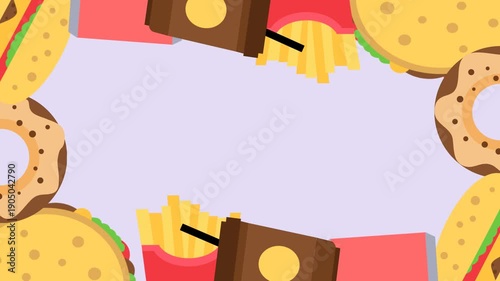 A playful and colorful video illustration featuring a border made of various fast food items. 