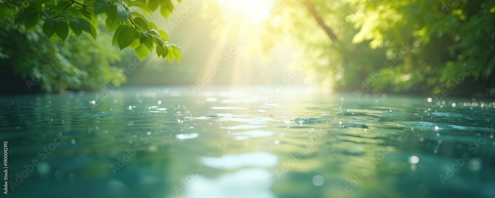 Fototapeta premium Sunlight filters through green leaves onto clear river water creating sparkling reflections. Gentle ripples move across the surface with bokeh light effects.
