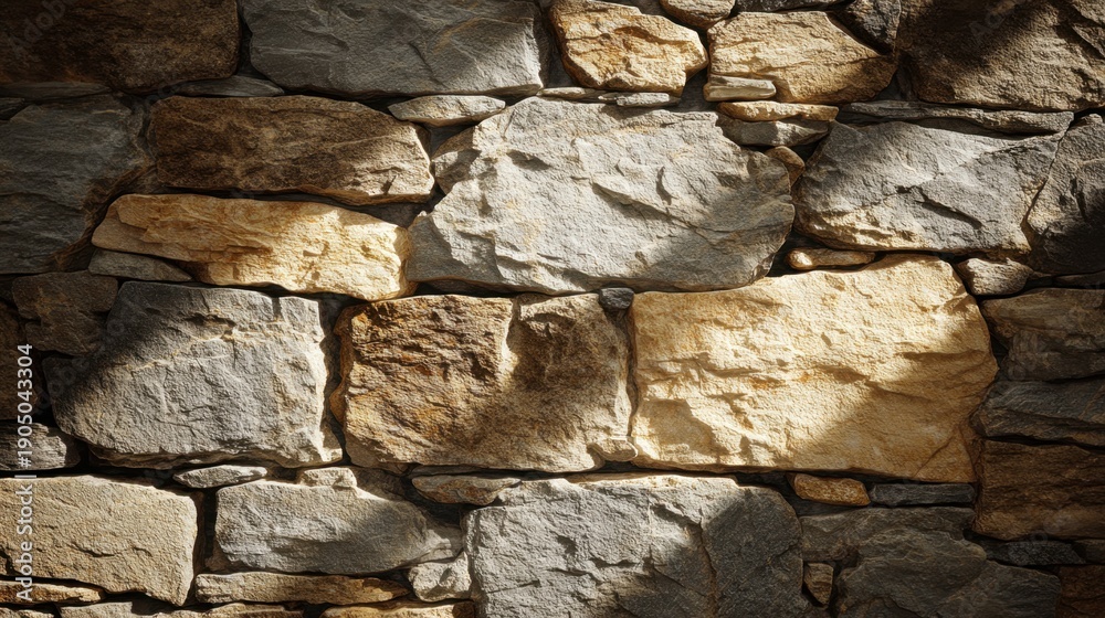 Fototapeta premium Natural stone wall texture with various sizes of rocks, revealing a rustic and earthy appearance suitable for backgrounds or architectural designs