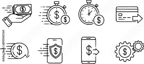 Fast money icon. Quick payment set icons. Prompt financial transactions. Line art.
