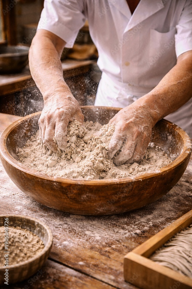 Fototapeta premium Hands mixing flour in wooden bowl