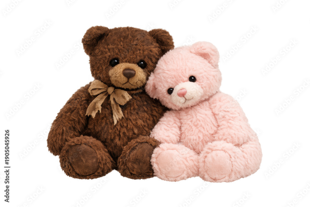 Fototapeta premium Brown and pink teddy bear couple embracing, symbolizing love, friendship, togetherness, and childhood comfort on transparent background