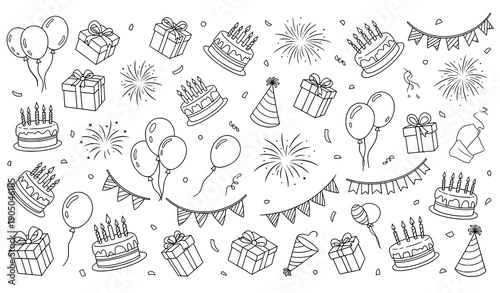 Hand Drawn Birthday Party Doodle Set Celebration Cake Balloon Outline Vector Clipart