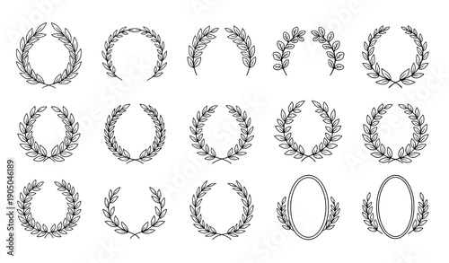 Laurel Wreath Outline Set Hand Drawn Floral Frame Doodle Vector Collection