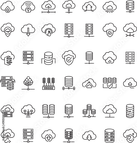 Cloud Computing Icons: A collection of various icons representing cloud computing, data storage, and server technology, offering visual representations of digital connectivity and data management.