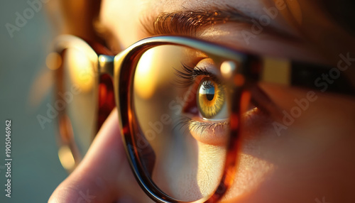Close up eye detail through glasses lens. Female gaze focused, sharp vision. Warm light reflects on iris and brow. Optical clarity and perception concept.