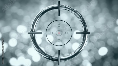 Shiny metallic crosshair target scope with red aiming point against abstract bokeh background precis