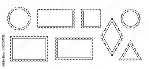 Set of empty postcard line stamp frames. Different forms of vector postage stamps, vector 10 eps.