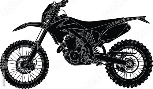 Black dirt bike motorcycle silhouette vector illustration, offroad motocross racing bike graphic, isolated on white background for extreme sports design,