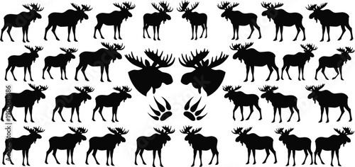 Black moose silhouette vector illustration set, wild forest animal collection with large antlers and tracks, isolated on white background for nature,