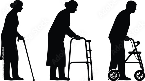 Elderly people with mobility aids silhouettes set, senior man and woman using walking cane walker and rollator, isolated on white,