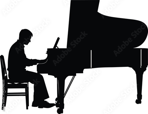 Man sitting and playing grand piano silhouette, professional male pianist performer practicing musical instrument, isolated on white background for concert,