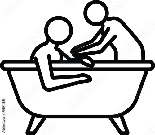 Minimalist line icon illustrating one person sitting in a bathtub while another person assists them, symbolizing care, bathing, or hygiene assistance.