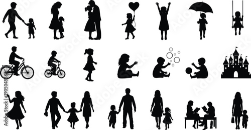 Mega collection of vector silhouettes featuring children playing, family bonding, masquerade masks, Russian nesting dolls, and spooky Halloween holiday party icons