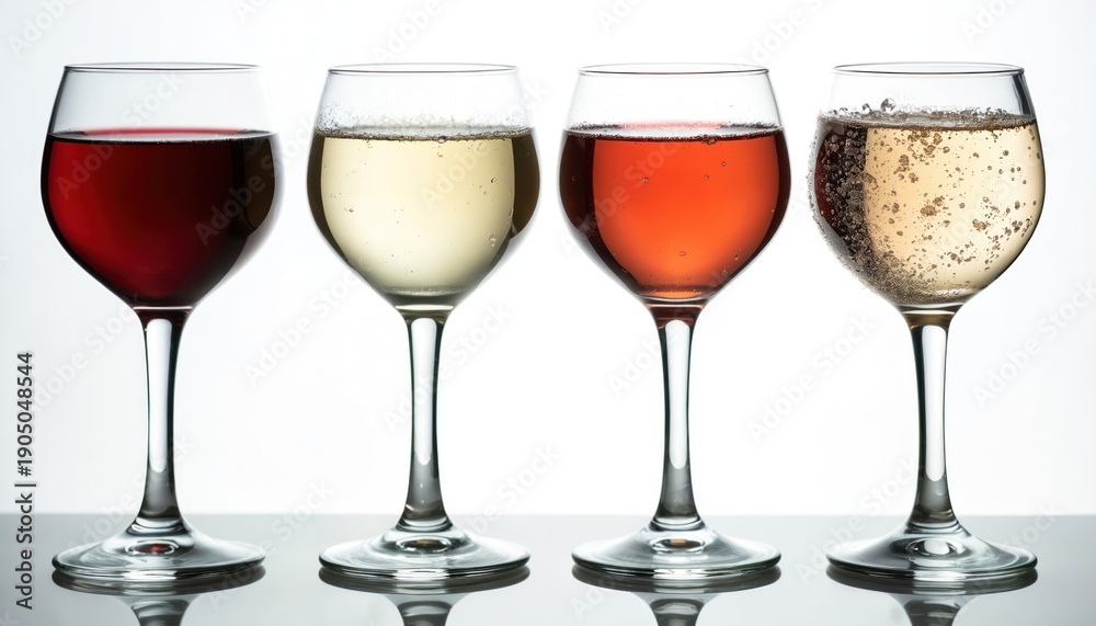 Fototapeta premium Four glasses of wine red, white, rose and sparkling. Drinks on clean white background, variety of alcoholic beverages. Crystal goblets full of liquid.