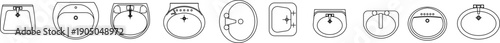 Technical vector illustration of various bathroom sink designs from a top view, featuring oval, rectangular, and round washbasin fixtures.