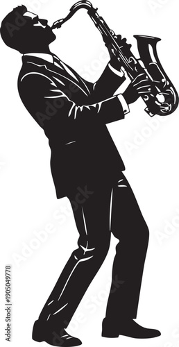Male Jazz Musician Playing Tenor Saxophone Silhouettes on White Background.eps