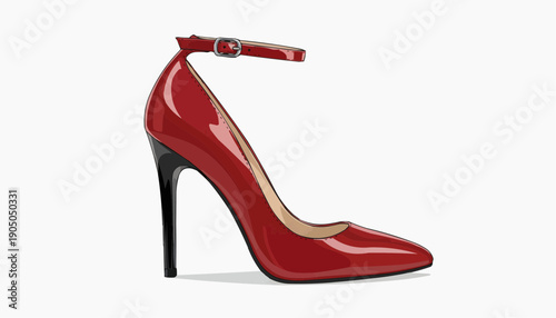 A sleek red high-heeled shoe with a strap and buckle on a white background